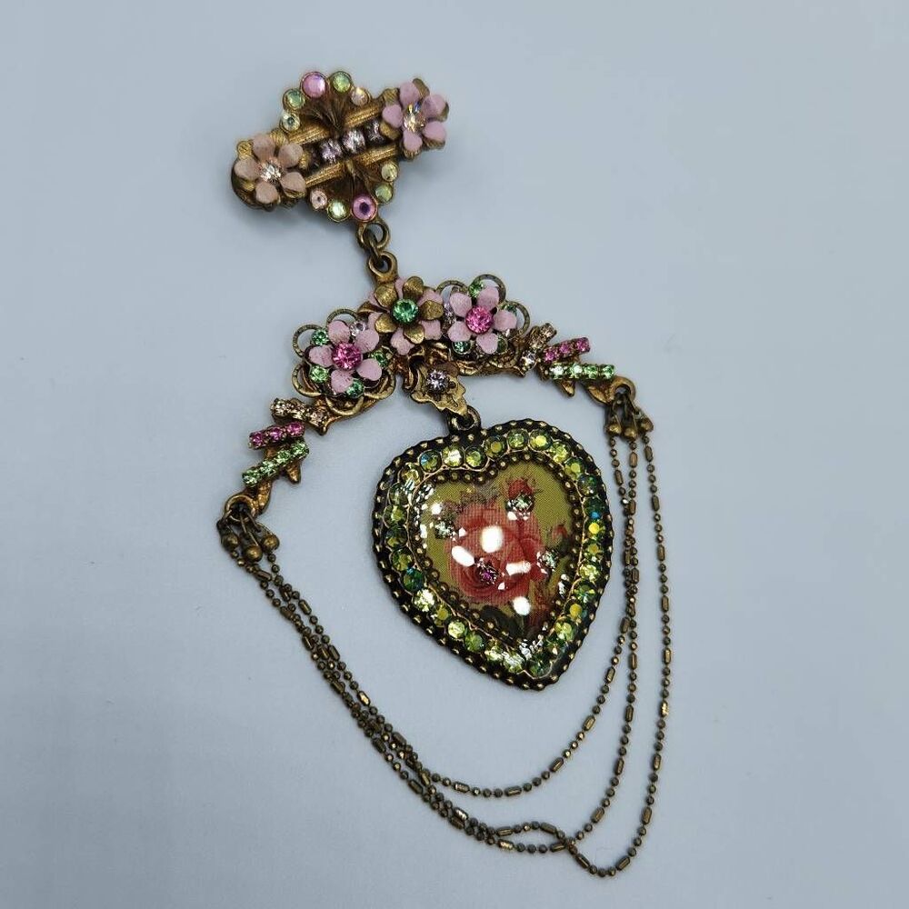 Vtg Michal Negrin Heart & Flower AB Rhinestone Floral Drop Brooch Multicolor OS